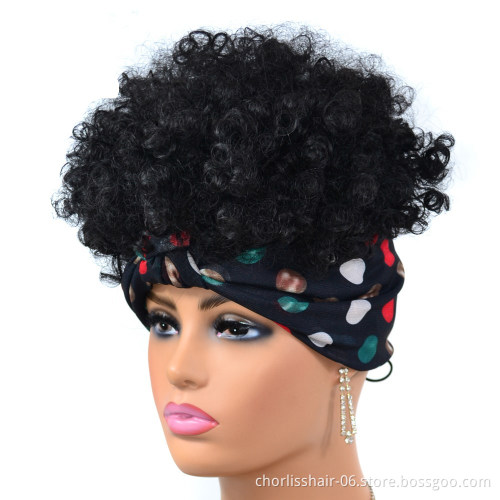 Wholesale Ombre High QualityKinky Curly Turban Wigs Short Heat Resistant Afro Synthetic Headband Attached Wigs For Black  Women